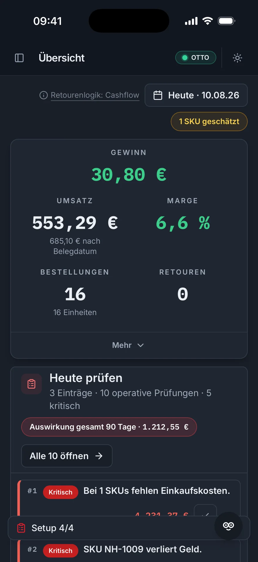 Ozelot als App auf einem Smartphone: Übersicht mit Umsatz, Gewinn und Marge